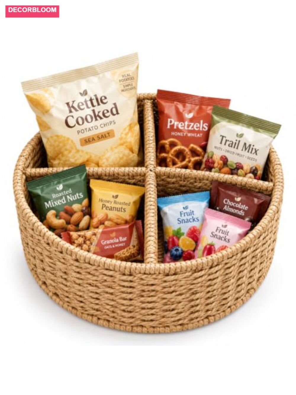4-Compartment Woven Snack Organizer Countertop Basket with Removable Divider